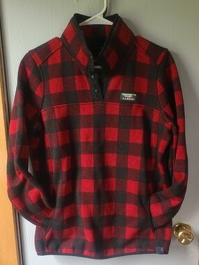 L.L. Bean Red and Black Buffalo Check Snap-Neck Fleece Pullover